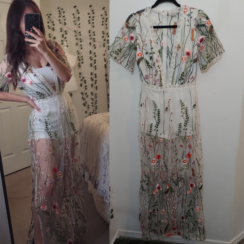 Embroidered Floral Romper Dress Medium